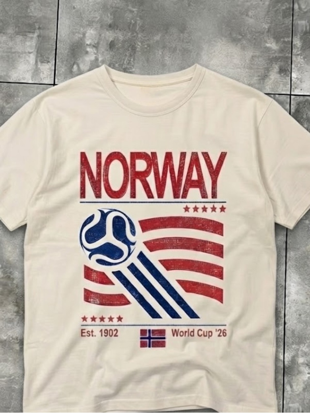 Gildan Norway Cream Short Sleeve Tee with Red & Blue Graphic